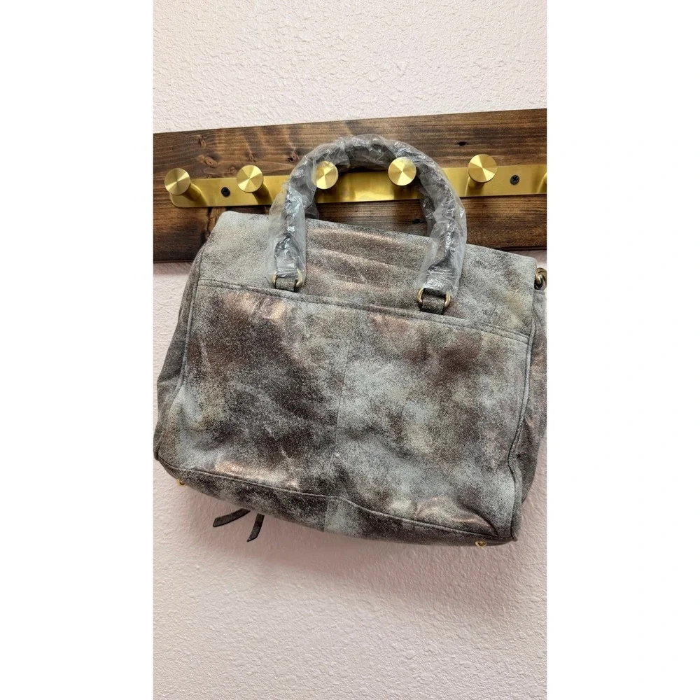 Aimee Kestenberg Women Riviera Satchel Gunmetal Leather Distressed Metallic